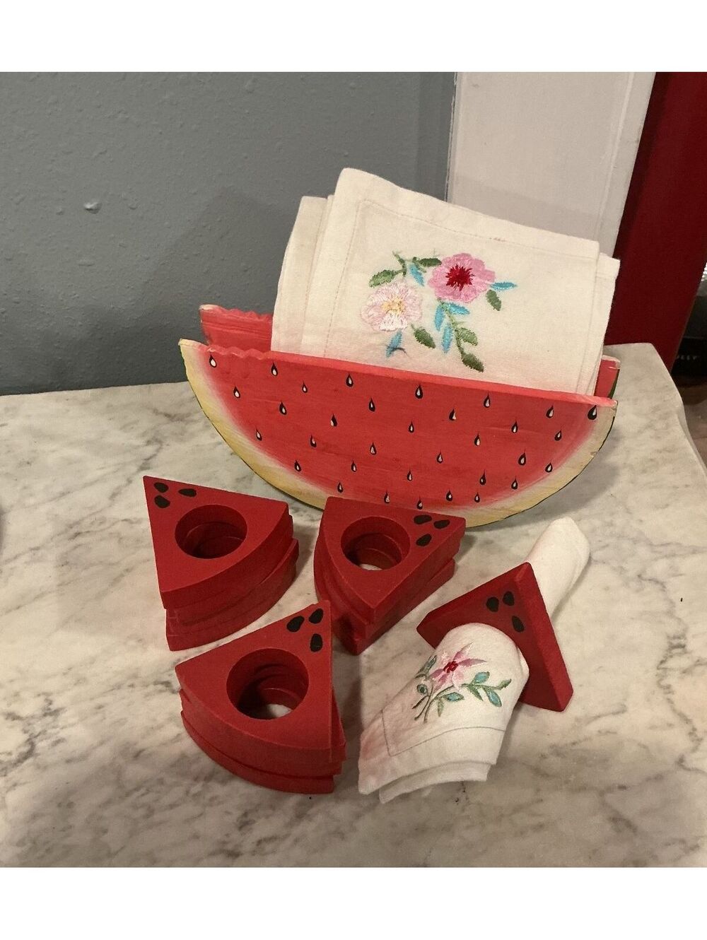 Vintage Wood Watermelon Napkin Holder Set, 12 Napkin Rings Hand Painted Decor